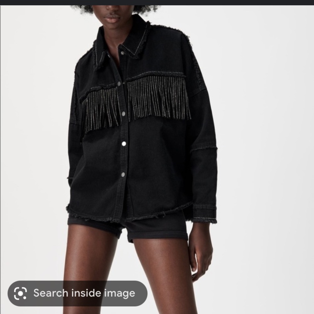 Zara Fringed Frayed Hem Denim Cropped Jacket Size L